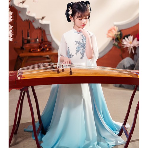 Girls kids Chinese Blue Gradient Hanfu Waterfall Sleeves Fairy Guzheng Folk Dance Dresses For Baby